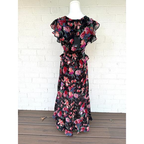 Paige 100% Silk Floral Midi Dress Black Ruffle Sleeve Smocked Waist Boho NWT  XS - Picture 11 of 11